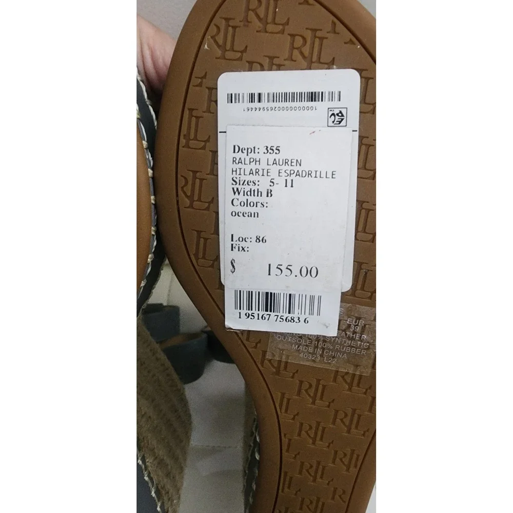 Lauren Ralph Lauren Hilarie Espadrille Wedge Sandals Ocean Blue Grey Leather 9B‎